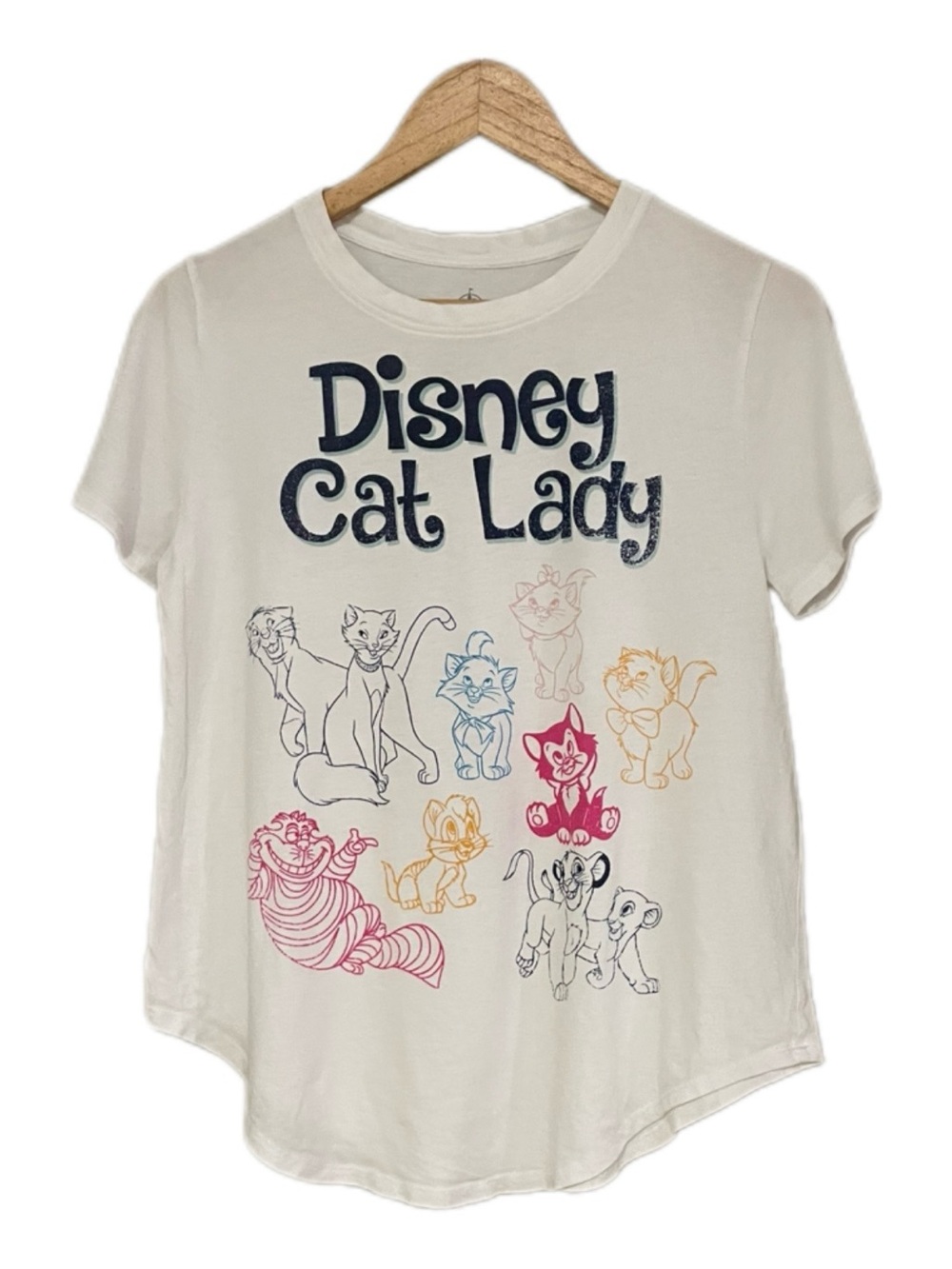 Disney Cat Lady Graphic Tee - White with Multicolor Disney Cat Sketches - L
